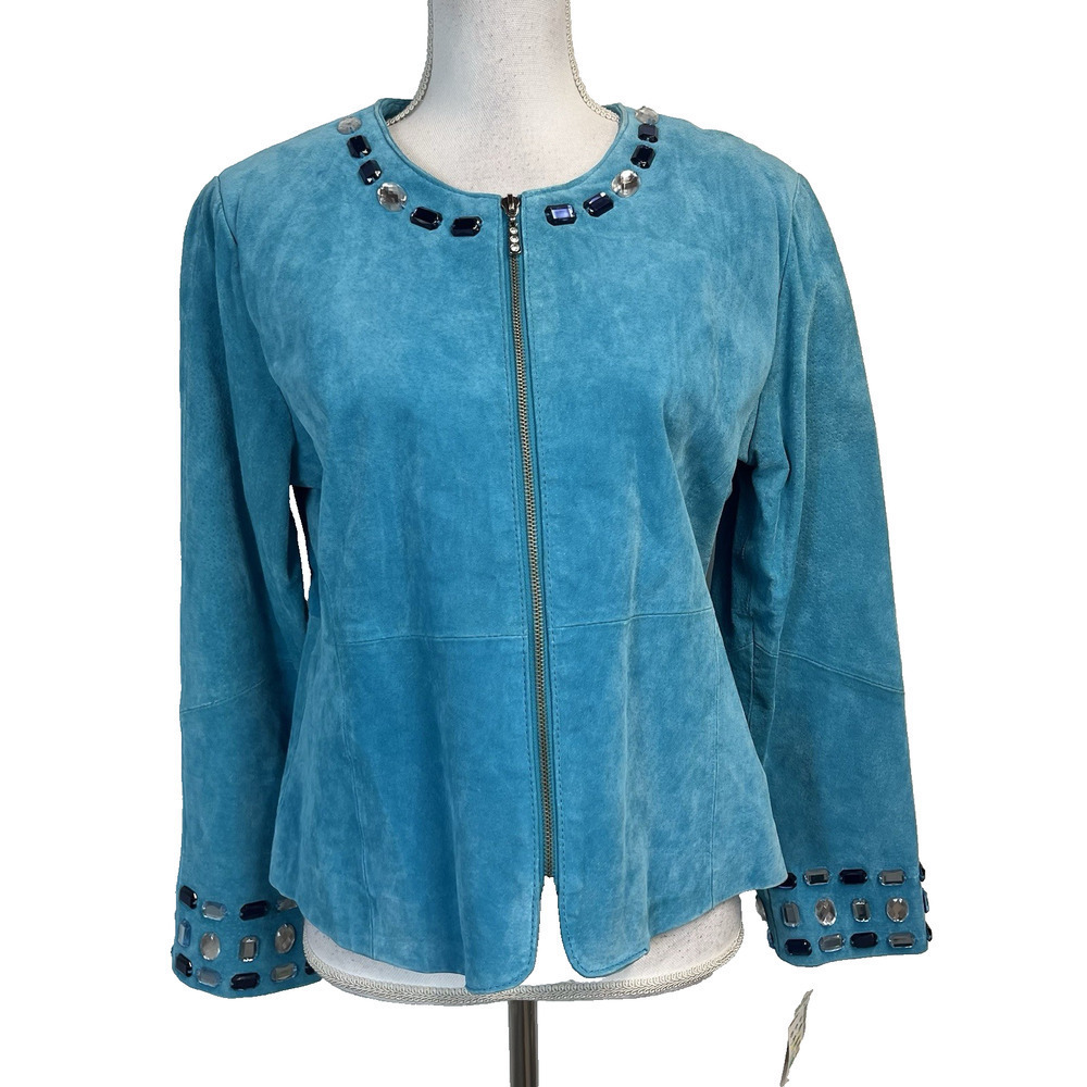 Karen Arnold Jacket Blazer size Large Aqua Agean Green Suede Leather Blue Jewels